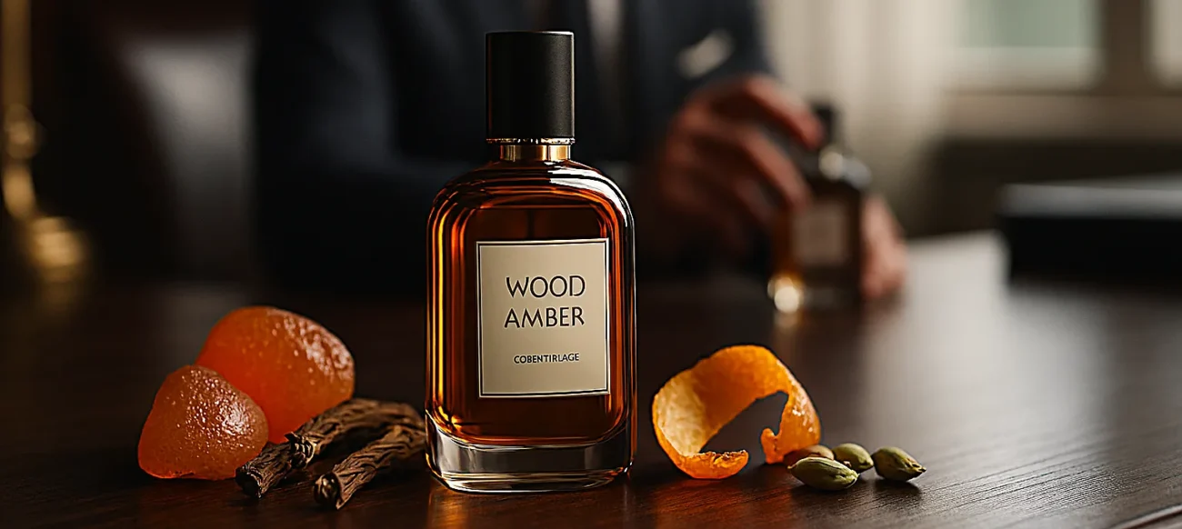 Wood Amber Perfume Oil – woody amber fragrance for men featuring amber, sandalwood, and musk, inspired by Bvlgari Man.