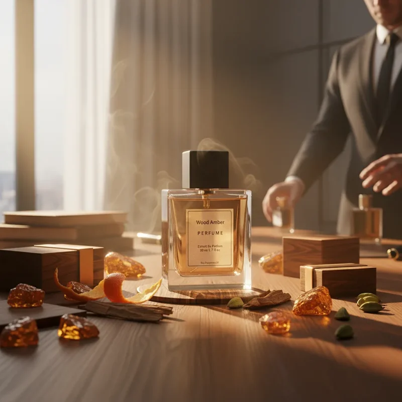 Wood Amber Perfume Oil – woody amber fragrance for men featuring amber, sandalwood, and musk, inspired by Bvlgari Man.
