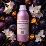 Black Plum Freesia Amber perfume oil bottle with dark plums, freesia flowers and glowing amber crystals under night lighting.
