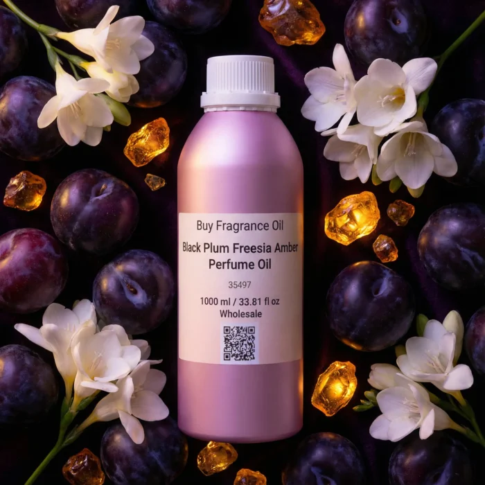 Black Plum Freesia Amber perfume oil bottle with dark plums, freesia flowers and glowing amber crystals under night lighting.