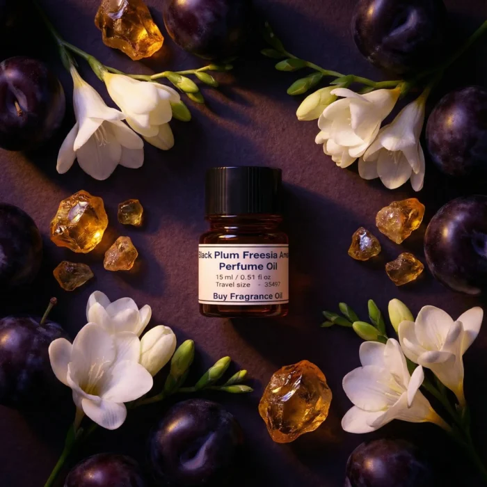 Black Plum Freesia Amber perfume oil bottle with dark plums, freesia flowers and glowing amber crystals under night lighting.