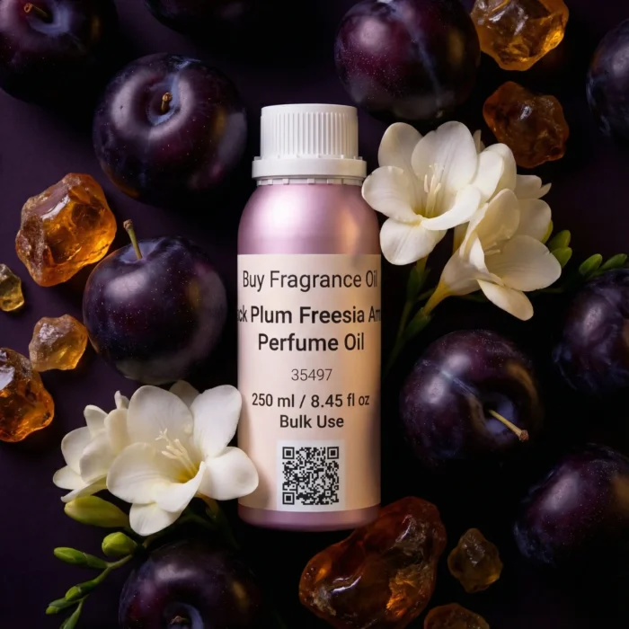 Black Plum Freesia Amber perfume oil bottle with dark plums, freesia flowers and glowing amber crystals under night lighting.
