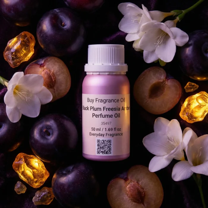 Black Plum Freesia Amber perfume oil bottle with dark plums, freesia flowers and glowing amber crystals under night lighting.