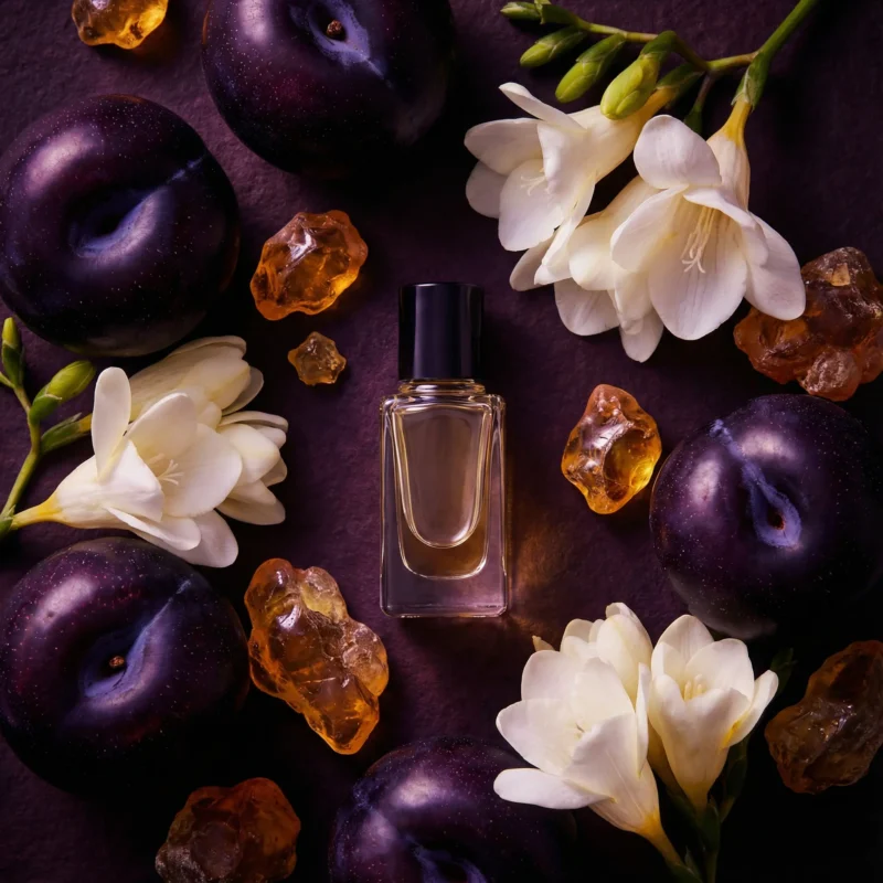 Black Plum Freesia Amber perfume oil bottle with dark plums, freesia flowers and glowing amber crystals under night lighting.