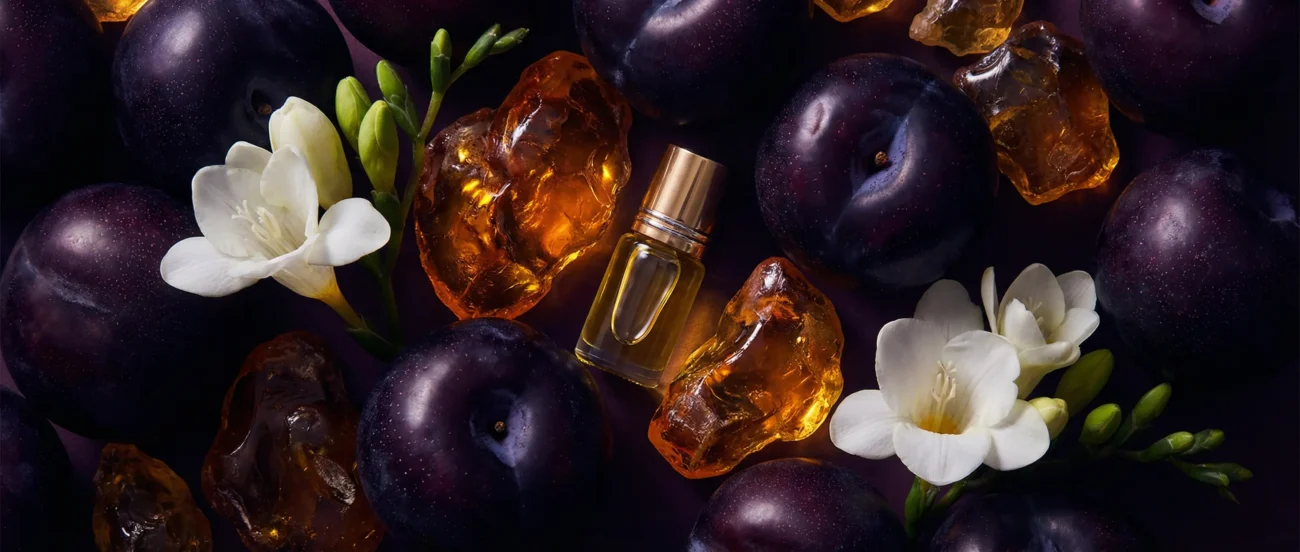 Black Plum Freesia Amber perfume oil bottle with dark plums, freesia flowers and glowing amber crystals under night lighting.