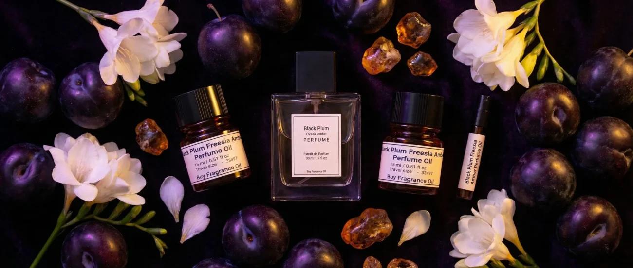 Black Plum Freesia Amber perfume oil bottle with dark plums, freesia flowers and glowing amber crystals under night lighting.