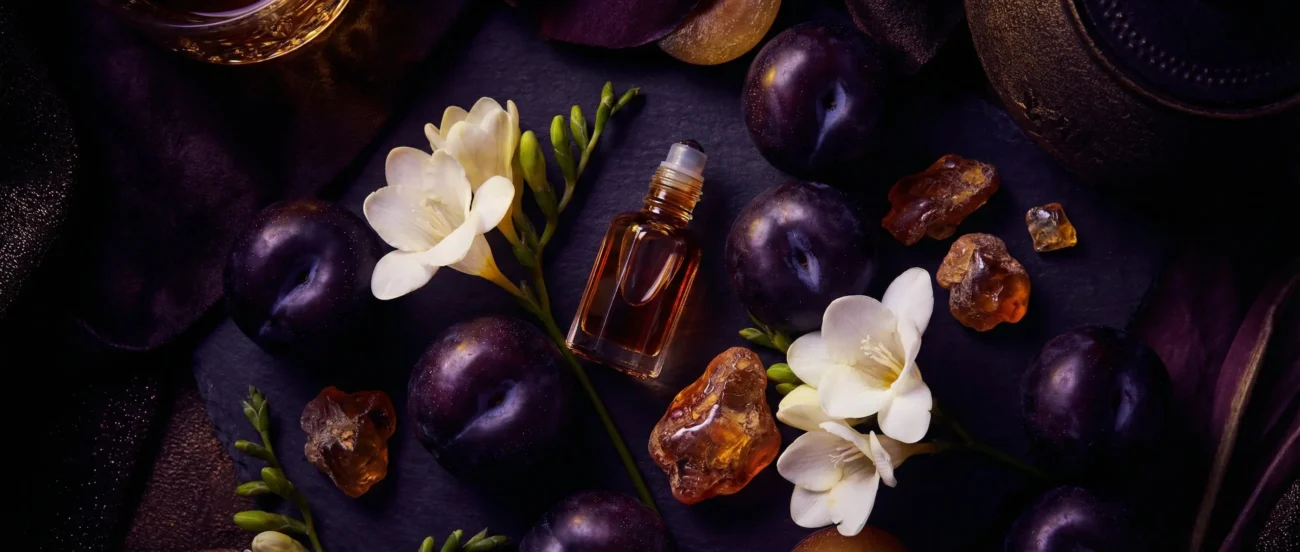 Black Plum Freesia Amber perfume oil bottle with dark plums, freesia flowers and glowing amber crystals under night lighting.