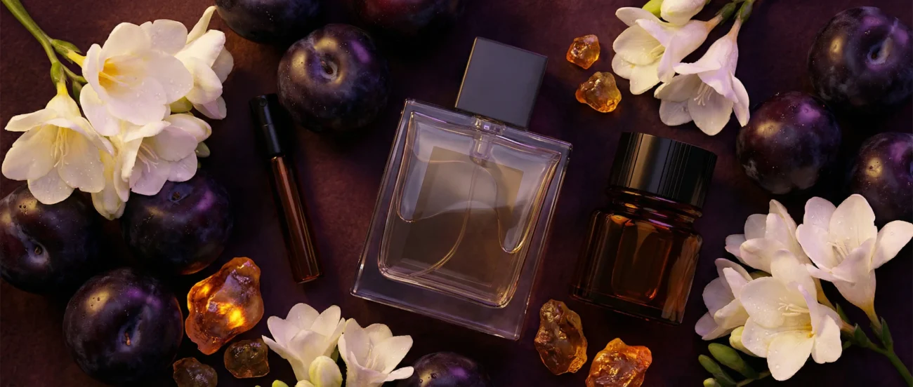 Black Plum Freesia Amber perfume oil bottle with dark plums, freesia flowers and glowing amber crystals under night lighting.