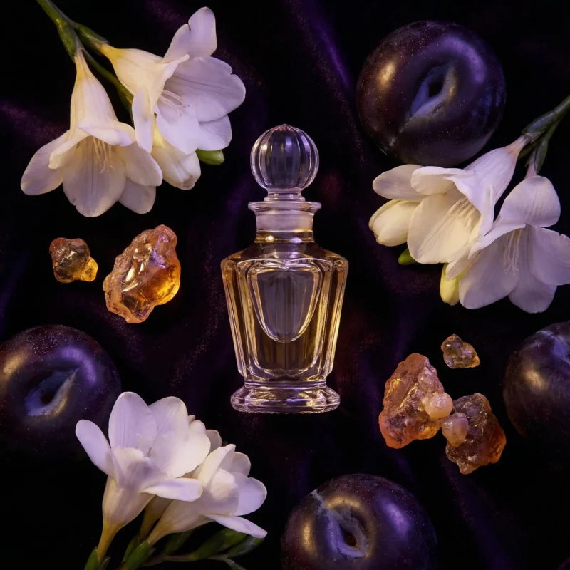 Black Plum Freesia Amber perfume oil bottle with dark plums, freesia flowers and glowing amber crystals under night lighting.