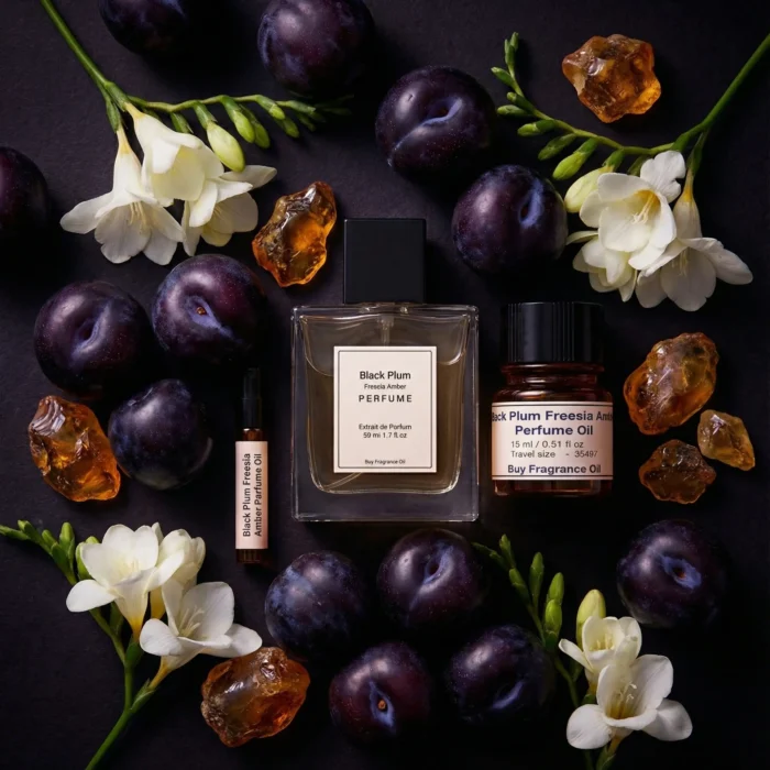 Black Plum Freesia Amber perfume oil bottle with dark plums, freesia flowers and glowing amber crystals under night lighting.