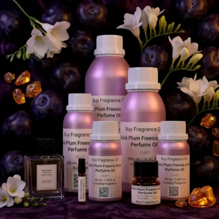 Black Plum Freesia Amber perfume oil bottle with dark plums, freesia flowers and glowing amber crystals under night lighting.