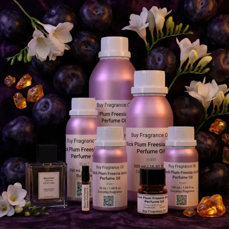 Black Plum Freesia Amber perfume oil bottle with dark plums, freesia flowers and glowing amber crystals under night lighting.