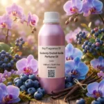 Blueberry Orchid Vanilla perfume oil bottle on soft purple background with berries and orchid petals, dreamy feminine fragrance aesthetic.