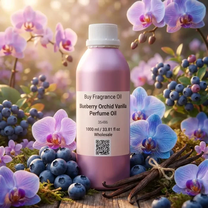 Blueberry Orchid Vanilla perfume oil bottle on soft purple background with berries and orchid petals, dreamy feminine fragrance aesthetic.