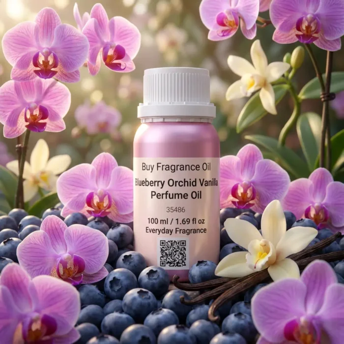 Blueberry Orchid Vanilla perfume oil bottle on soft purple background with berries and orchid petals, dreamy feminine fragrance aesthetic.