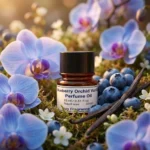 Blueberry Orchid Vanilla perfume oil bottle on soft purple background with berries and orchid petals, dreamy feminine fragrance aesthetic.