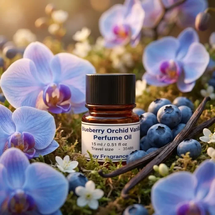 Blueberry Orchid Vanilla perfume oil bottle on soft purple background with berries and orchid petals, dreamy feminine fragrance aesthetic.