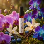 Blueberry Orchid Vanilla perfume oil bottle on soft purple background with berries and orchid petals, dreamy feminine fragrance aesthetic.