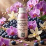 Blueberry Orchid Vanilla perfume oil bottle on soft purple background with berries and orchid petals, dreamy feminine fragrance aesthetic.