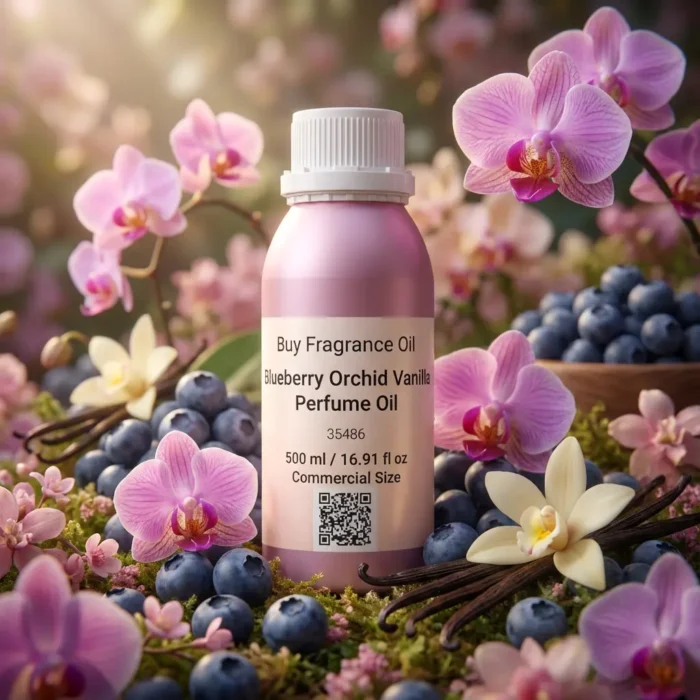 Blueberry Orchid Vanilla perfume oil bottle on soft purple background with berries and orchid petals, dreamy feminine fragrance aesthetic.