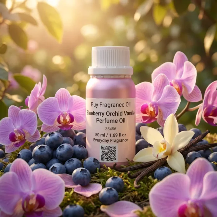 Blueberry Orchid Vanilla perfume oil bottle on soft purple background with berries and orchid petals, dreamy feminine fragrance aesthetic.