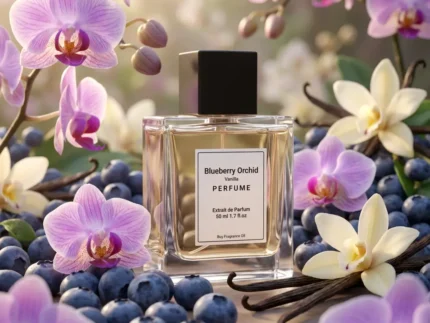 Blueberry Orchid Vanilla perfume oil bottle on soft purple background with berries and orchid petals, dreamy feminine fragrance aesthetic.