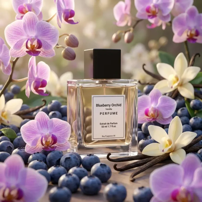 Blueberry Orchid Vanilla perfume oil bottle on soft purple background with berries and orchid petals, dreamy feminine fragrance aesthetic.