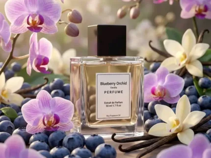 Blueberry Orchid Vanilla perfume oil bottle on soft purple background with berries and orchid petals, dreamy feminine fragrance aesthetic.