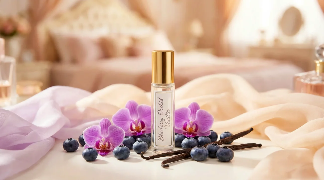 Blueberry Orchid Vanilla perfume oil bottle on soft purple background with berries and orchid petals, dreamy feminine fragrance aesthetic.