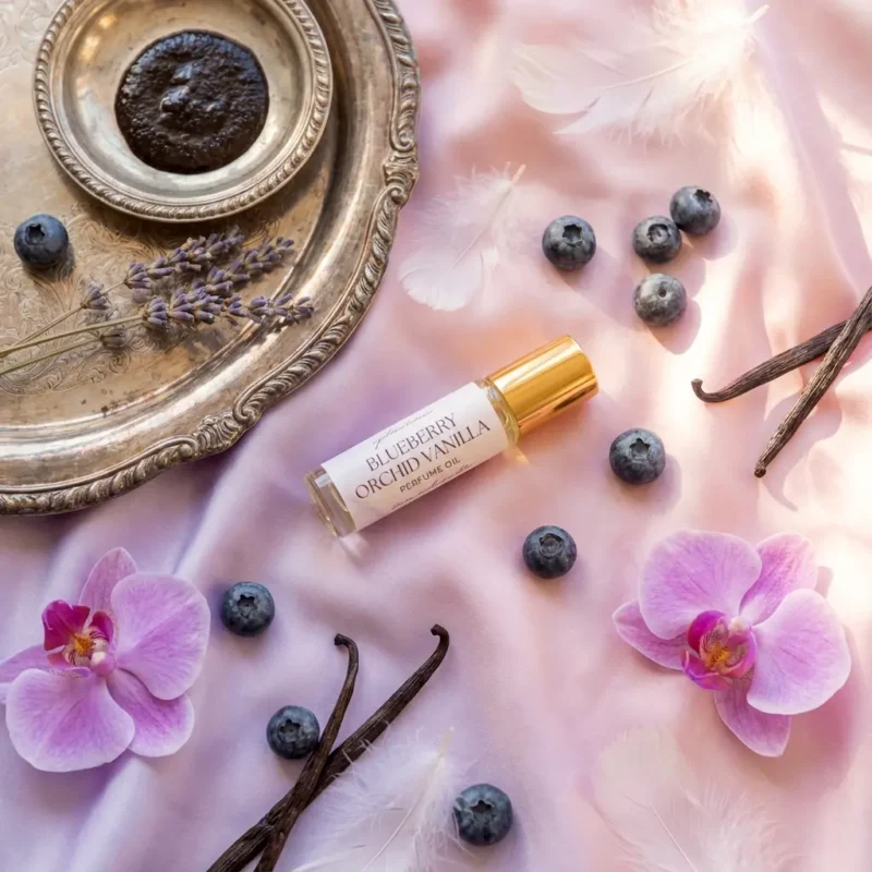 Blueberry Orchid Vanilla perfume oil bottle on soft purple background with berries and orchid petals, dreamy feminine fragrance aesthetic.
