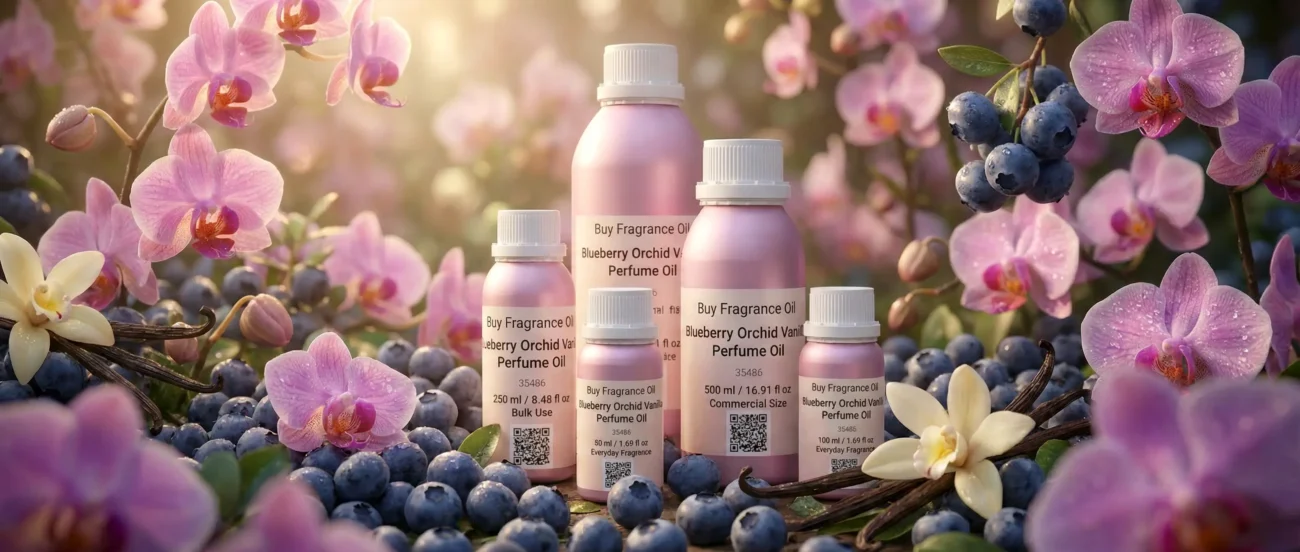 Blueberry Orchid Vanilla perfume oil bottle on soft purple background with berries and orchid petals, dreamy feminine fragrance aesthetic.