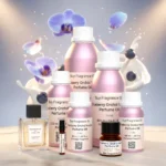 Blueberry Orchid Vanilla perfume oil bottle on soft purple background with berries and orchid petals, dreamy feminine fragrance aesthetic.