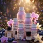 Blueberry Orchid Vanilla perfume oil bottle on soft purple background with berries and orchid petals, dreamy feminine fragrance aesthetic.