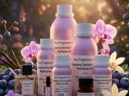 Blueberry Orchid Vanilla perfume oil bottle on soft purple background with berries and orchid petals, dreamy feminine fragrance aesthetic.