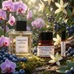 Blueberry Orchid Vanilla perfume oil bottle on soft purple background with berries and orchid petals, dreamy feminine fragrance aesthetic.