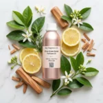 Citrus Green Sandal perfume oil bottle with fresh lemon, green leaves and smooth sandalwood in clean daylight setting.