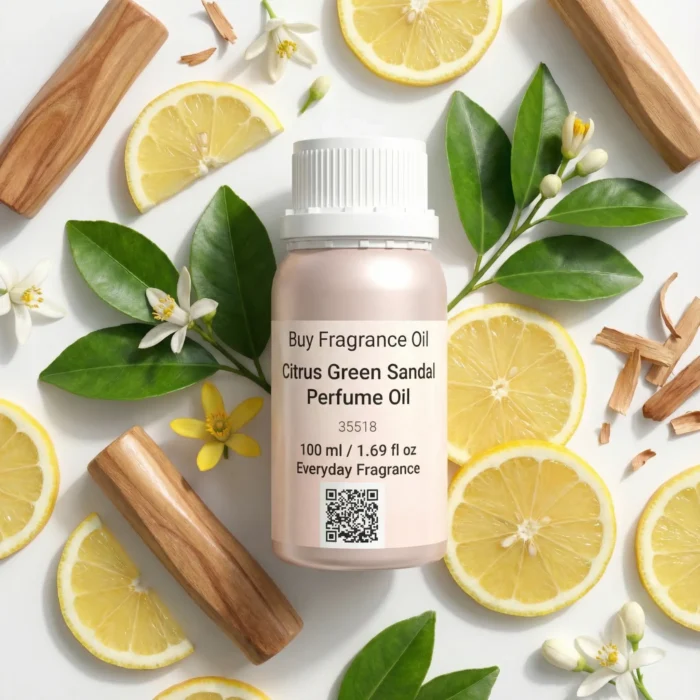 Citrus Green Sandal perfume oil bottle with fresh lemon, green leaves and smooth sandalwood in clean daylight setting.