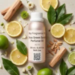 Citrus Green Sandal perfume oil bottle with fresh lemon, green leaves and smooth sandalwood in clean daylight setting.