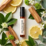 Citrus Green Sandal perfume oil bottle with fresh lemon, green leaves and smooth sandalwood in clean daylight setting.