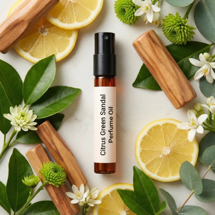 Citrus Green Sandal perfume oil bottle with fresh lemon, green leaves and smooth sandalwood in clean daylight setting.