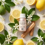 Citrus Green Sandal perfume oil bottle with fresh lemon, green leaves and smooth sandalwood in clean daylight setting.