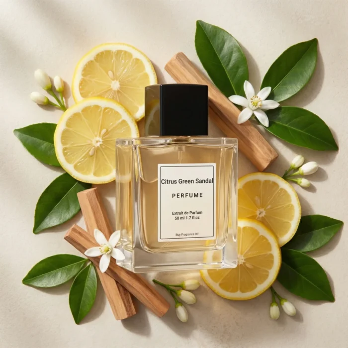 Citrus Green Sandal perfume oil bottle with fresh lemon, green leaves and smooth sandalwood in clean daylight setting.