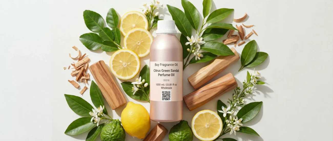 Citrus Green Sandal perfume oil bottle with fresh lemon, green leaves and smooth sandalwood in clean daylight setting.