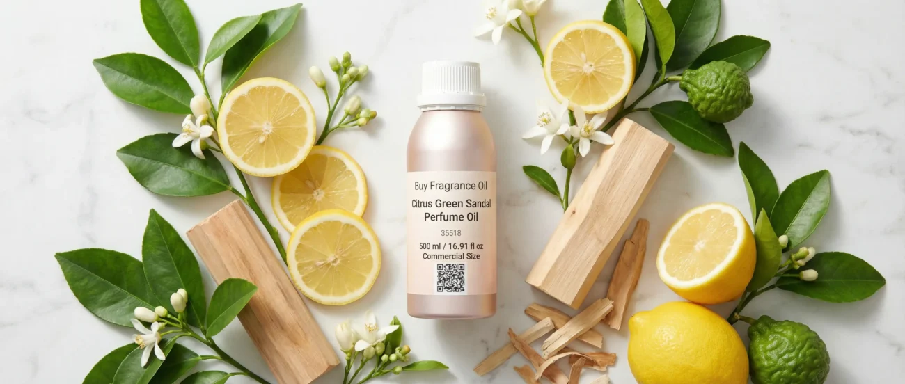 Citrus Green Sandal perfume oil bottle with fresh lemon, green leaves and smooth sandalwood in clean daylight setting.