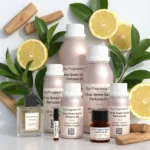 Citrus Green Sandal perfume oil bottle with fresh lemon, green leaves and smooth sandalwood in clean daylight setting.