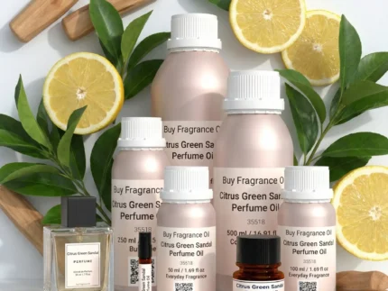 Citrus Green Sandal perfume oil bottle with fresh lemon, green leaves and smooth sandalwood in clean daylight setting.