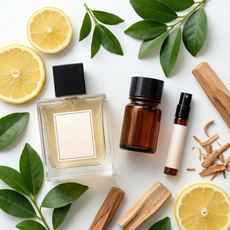 Citrus Green Sandal perfume oil bottle with fresh lemon, green leaves and smooth sandalwood in clean daylight setting.