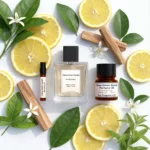 Citrus Green Sandal perfume oil bottle with fresh lemon, green leaves and smooth sandalwood in clean daylight setting.