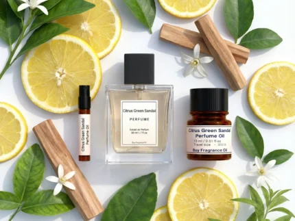Citrus Green Sandal perfume oil bottle with fresh lemon, green leaves and smooth sandalwood in clean daylight setting.