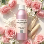 Jasmine Rose Musk Sandal perfume oil bottle with soft pink roses, jasmine flowers, white musk and creamy sandalwood in elegant daylight setting.